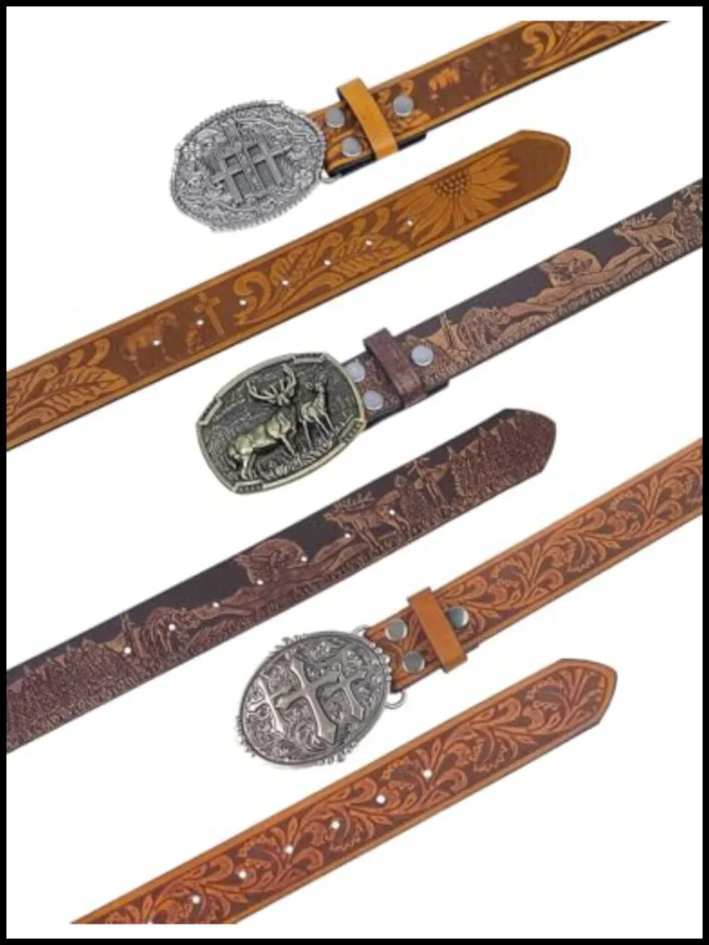 Western Belt for Men Women Cowboy Cowgirl Leather Belt with Deer Buckle for